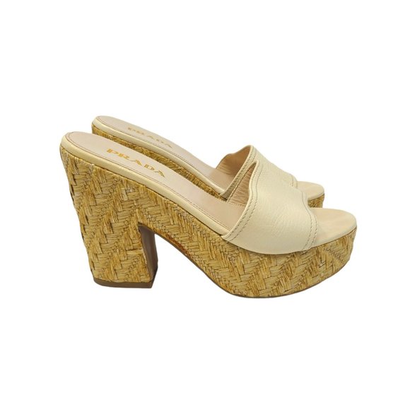 Prada Ivory Leather Slip On Wedge Sandals - Picture 1 of 13
